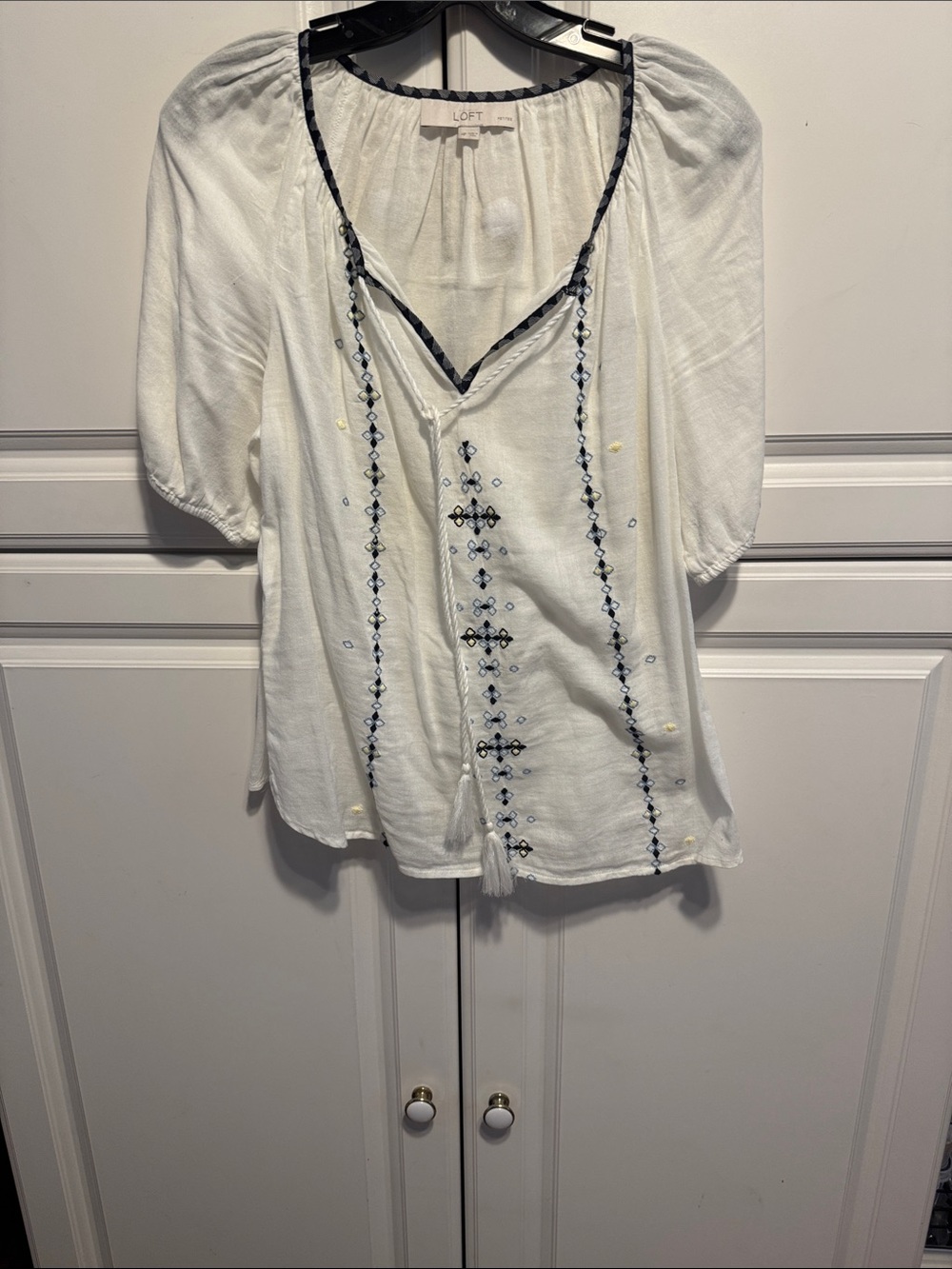 LOFT White Peasant Blouse with Navy Embroidery